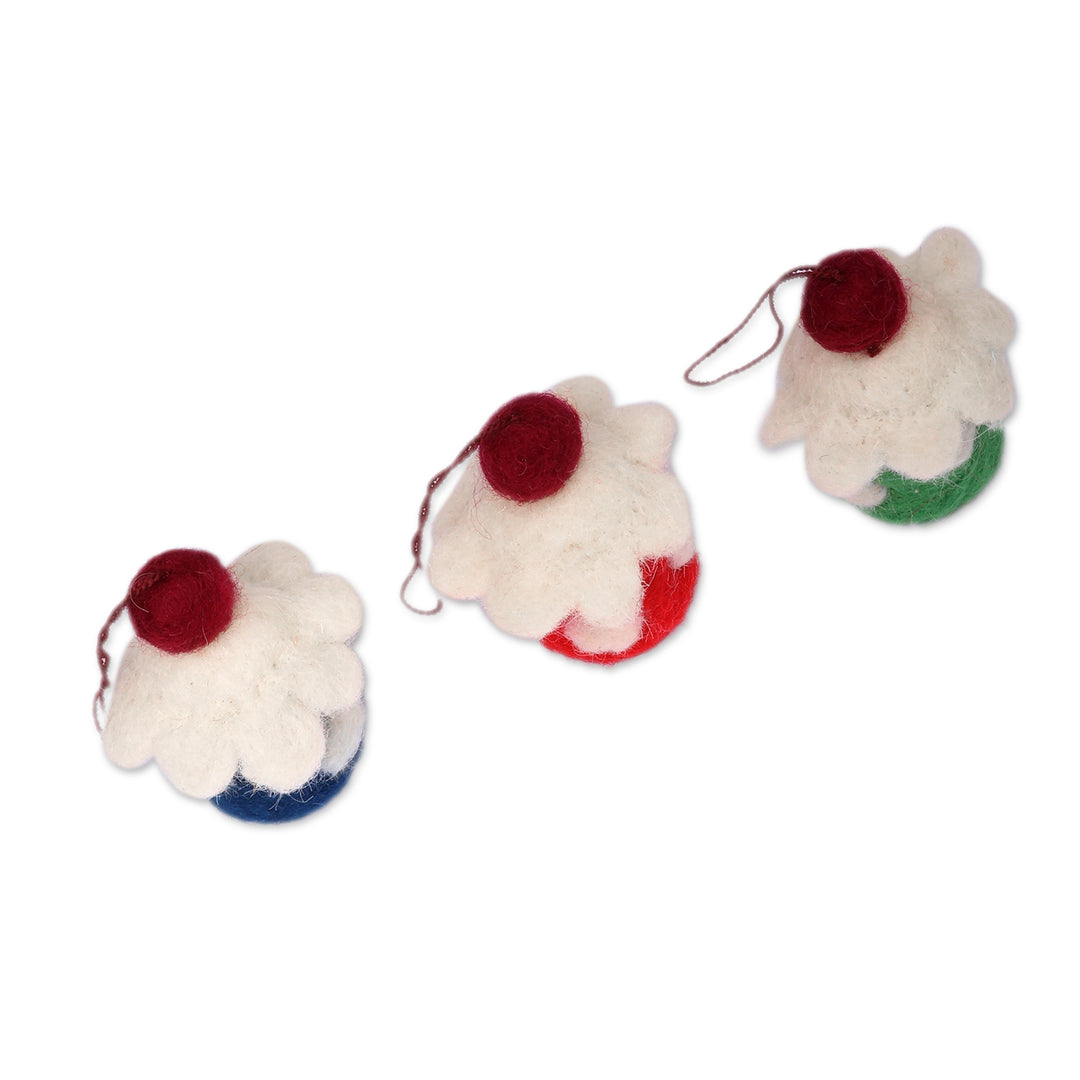 Artisan-Made Cupcake-Shaped 3-Piece Wool Felt Ornament Set - Cupcake Colors