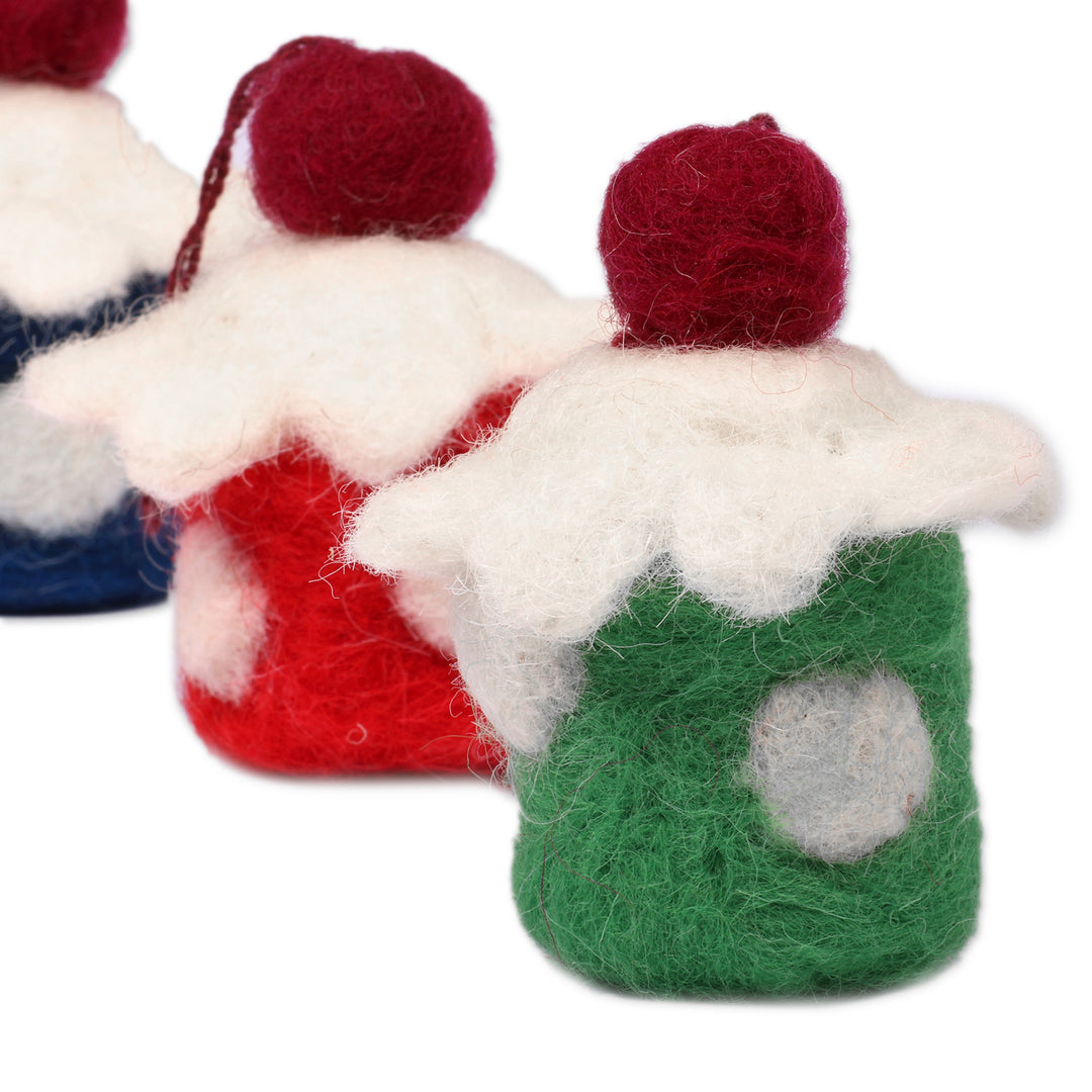 Artisan-Made Cupcake-Shaped 3-Piece Wool Felt Ornament Set - Cupcake Colors