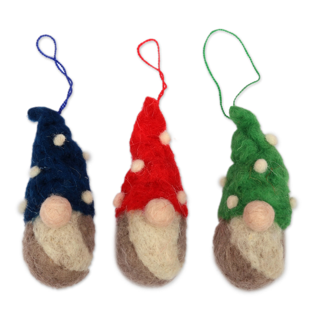 Set of 3 Fantasy-Inspired Handmade Wool Felt Gnome Ornaments - Gnome Colors