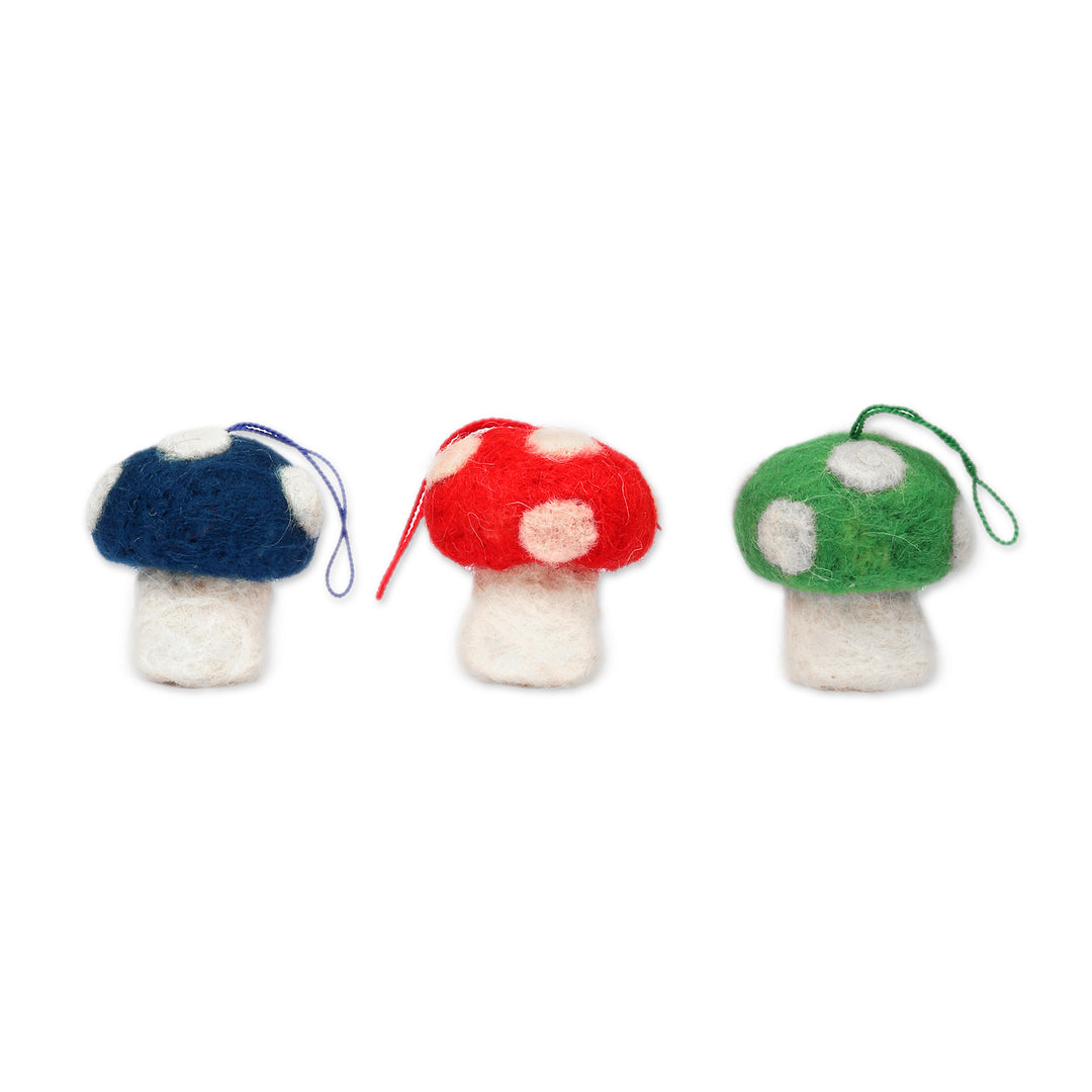 Mushroom-Shaped 3-Piece Wool Felt Ornament Set from Armenia - Mushroom Colors