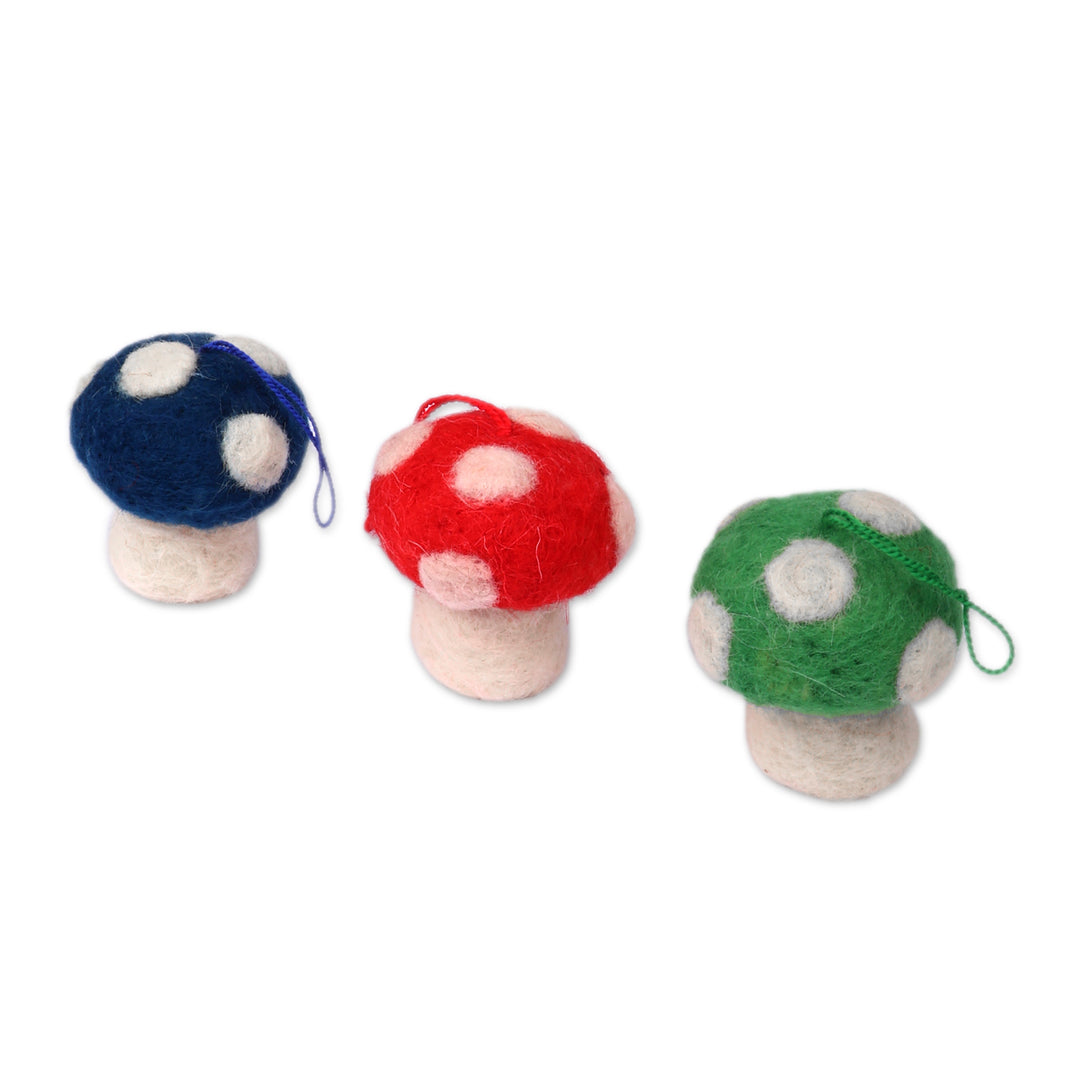 Mushroom-Shaped 3-Piece Wool Felt Ornament Set from Armenia - Mushroom Colors