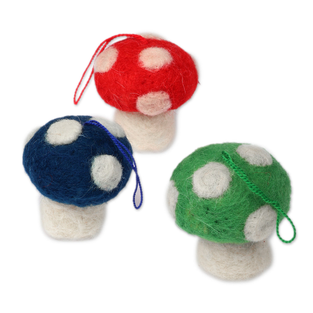 Mushroom-Shaped 3-Piece Wool Felt Ornament Set from Armenia - Mushroom Colors