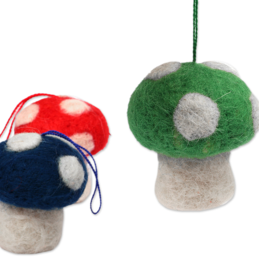 Mushroom-Shaped 3-Piece Wool Felt Ornament Set from Armenia - Mushroom Colors