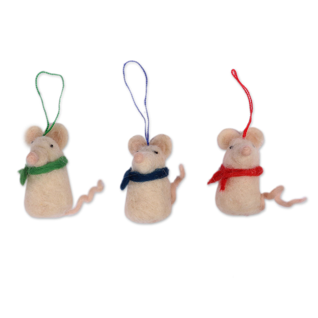 Armenian-Made Mouse-Shaped 3-Piece Wool Felt Ornament Set - Mouse Colors