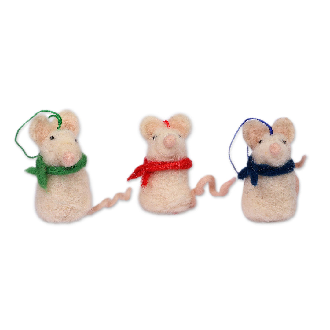 Armenian-Made Mouse-Shaped 3-Piece Wool Felt Ornament Set - Mouse Colors