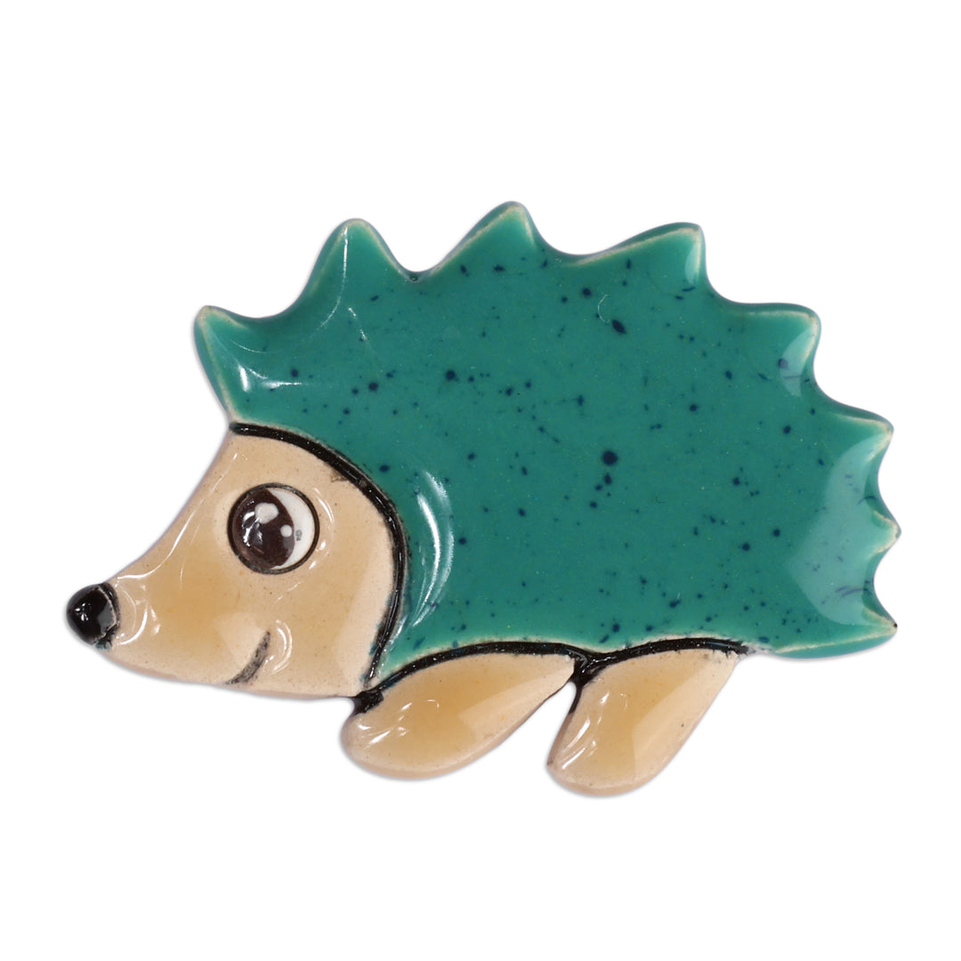 Glazed Hedgehog-Shaped Green and Brown Ceramic Brooch Pin - Hedgehog Days