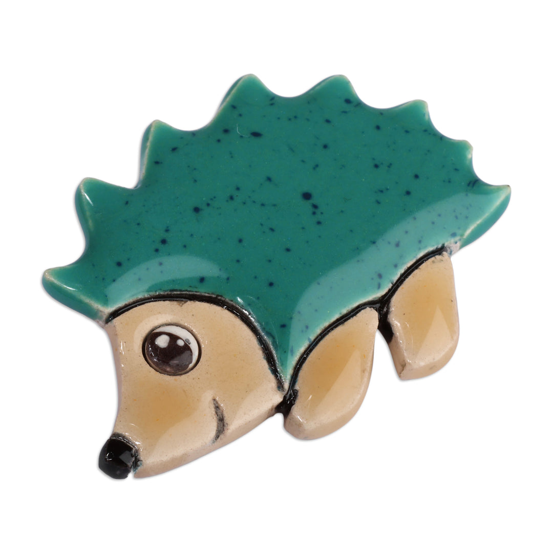 Glazed Hedgehog-Shaped Green and Brown Ceramic Brooch Pin - Hedgehog Days