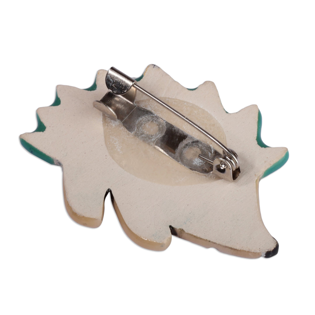 Glazed Hedgehog-Shaped Green and Brown Ceramic Brooch Pin - Hedgehog Days