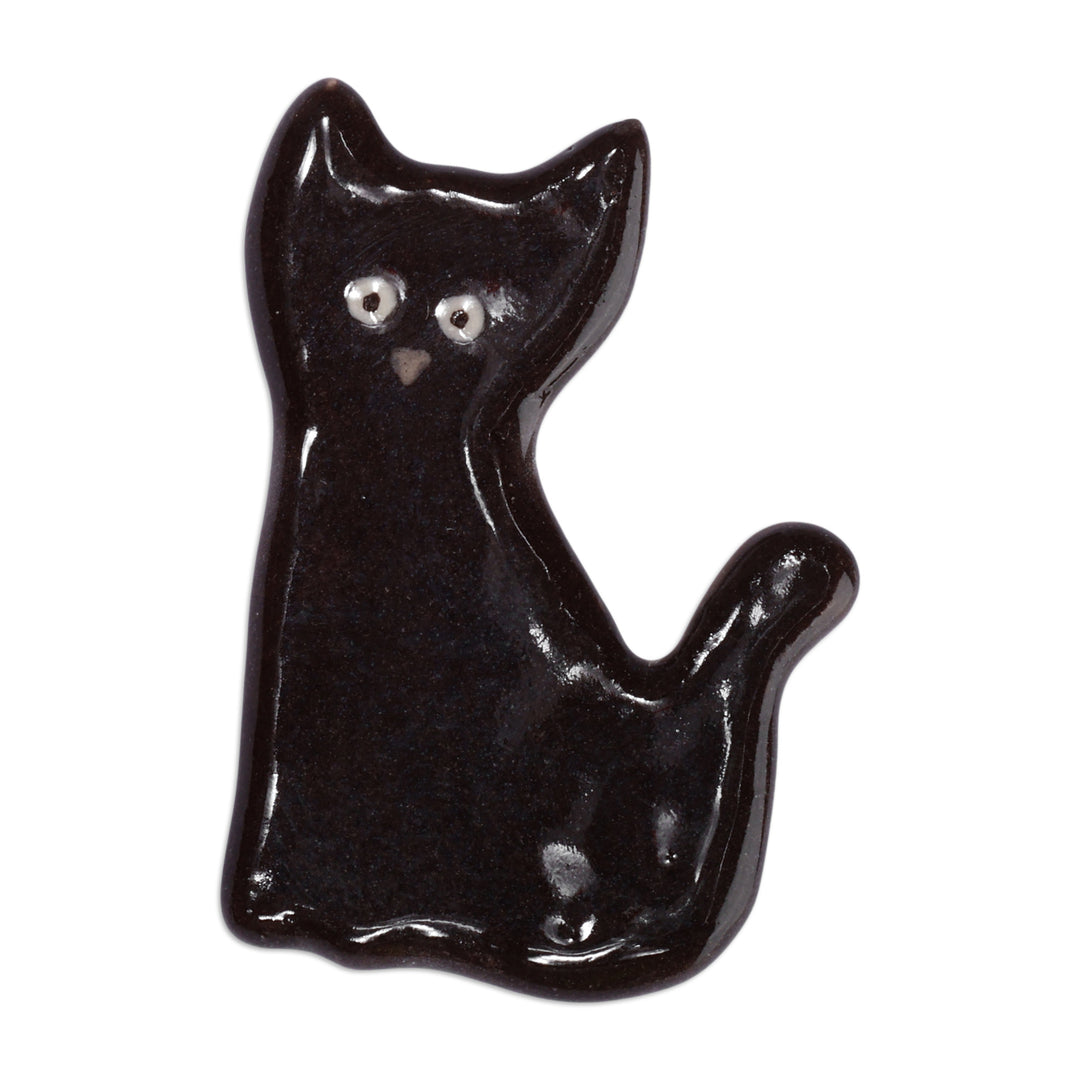 Handcrafted Black Cat-Themed Ceramic Brooch Pin from Armenia - Mysterious Feline
