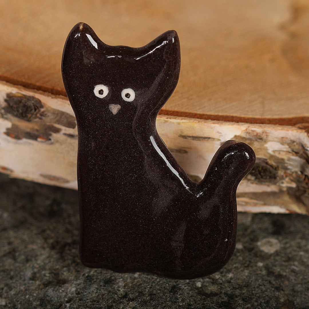 Handcrafted Black Cat-Themed Ceramic Brooch Pin from Armenia - Mysterious Feline