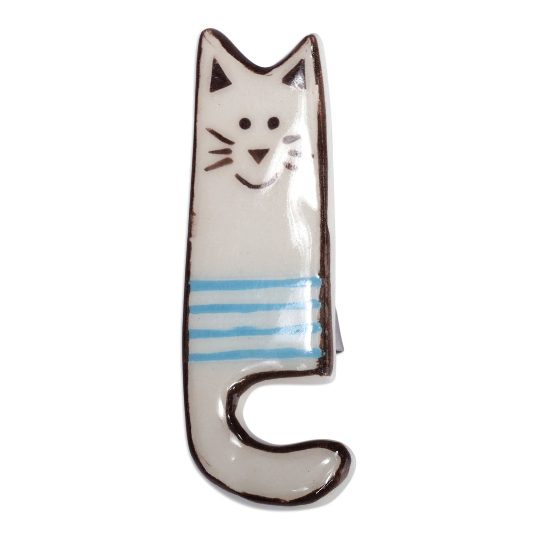 Whimsical Cat-Themed Glazed Ceramic Brooch Pin from Armenia - Cheerful Feline