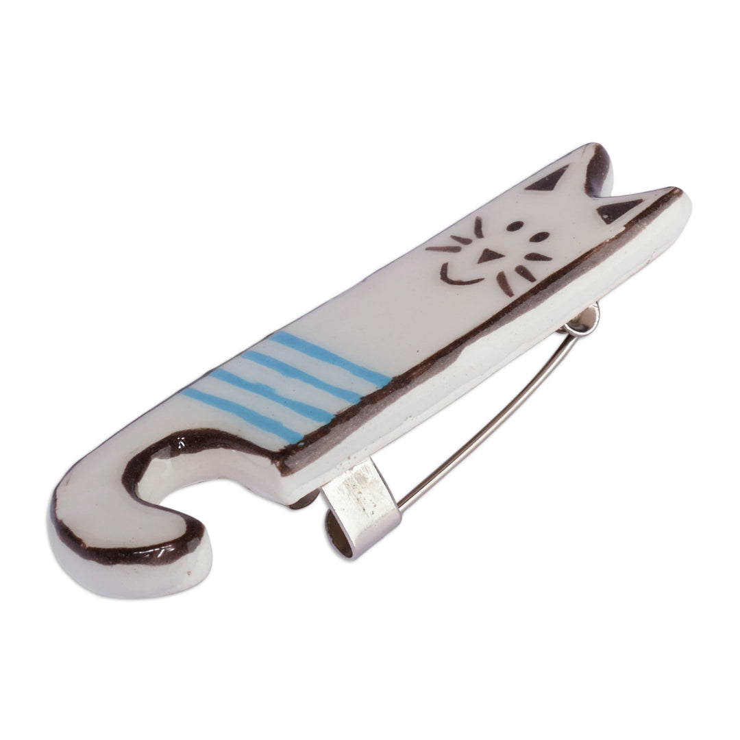 Whimsical Cat-Themed Glazed Ceramic Brooch Pin from Armenia - Cheerful Feline