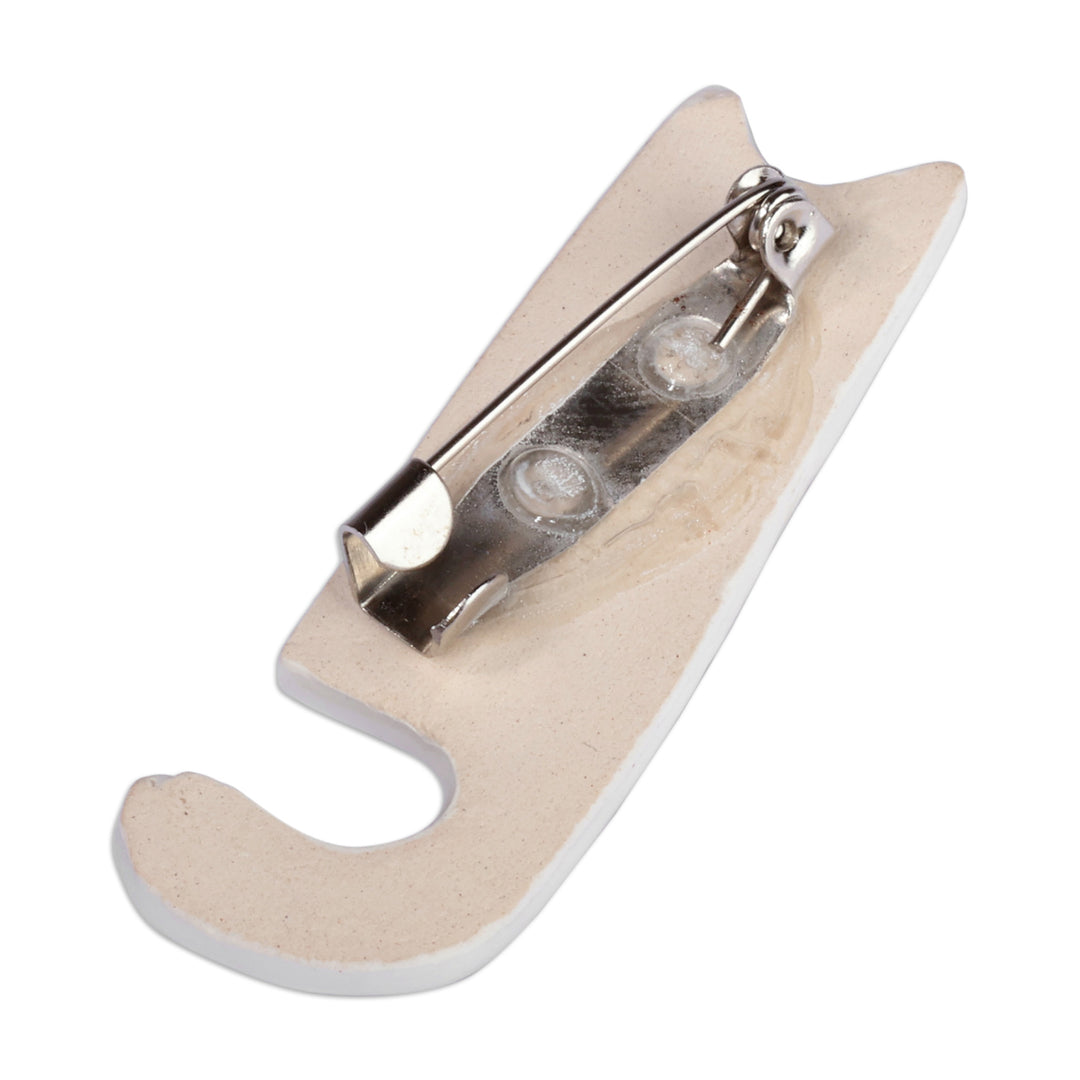 Whimsical Cat-Themed Glazed Ceramic Brooch Pin from Armenia - Cheerful Feline