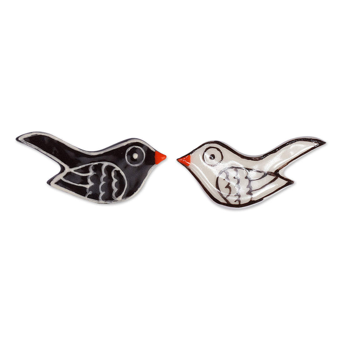 Set of 2 Handcrafted Ceramic Ying & Yang Bird Brooch Pins - Yin & Yang Birds