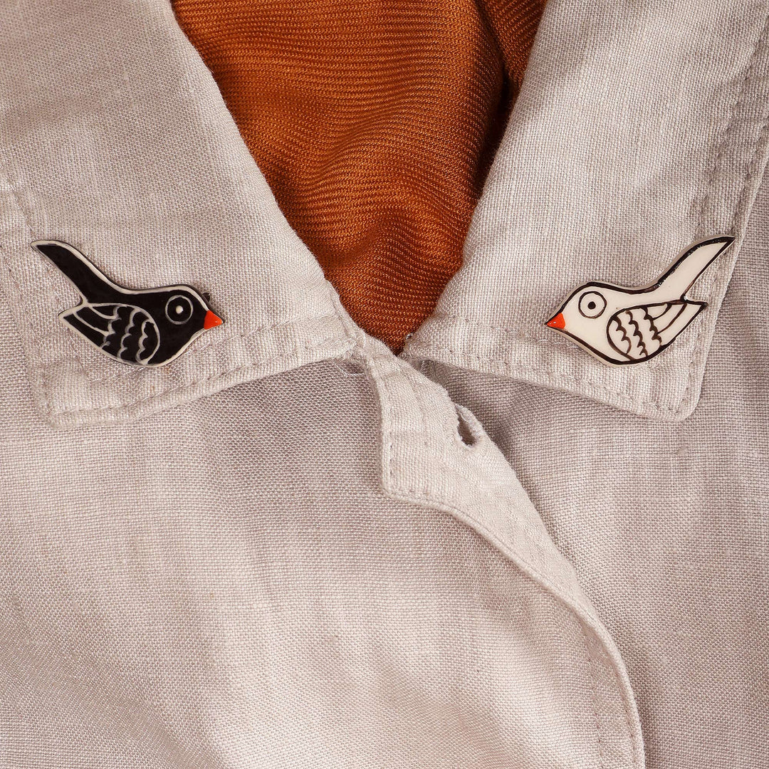 Set of 2 Handcrafted Ceramic Ying & Yang Bird Brooch Pins - Yin & Yang Birds