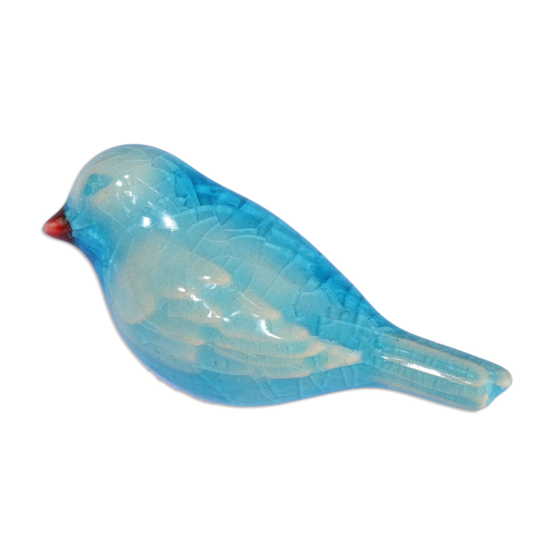 Crackled Handmade Bird-Shaped Aqua Blue Ceramic Brooch Pin - Aqua Feathers