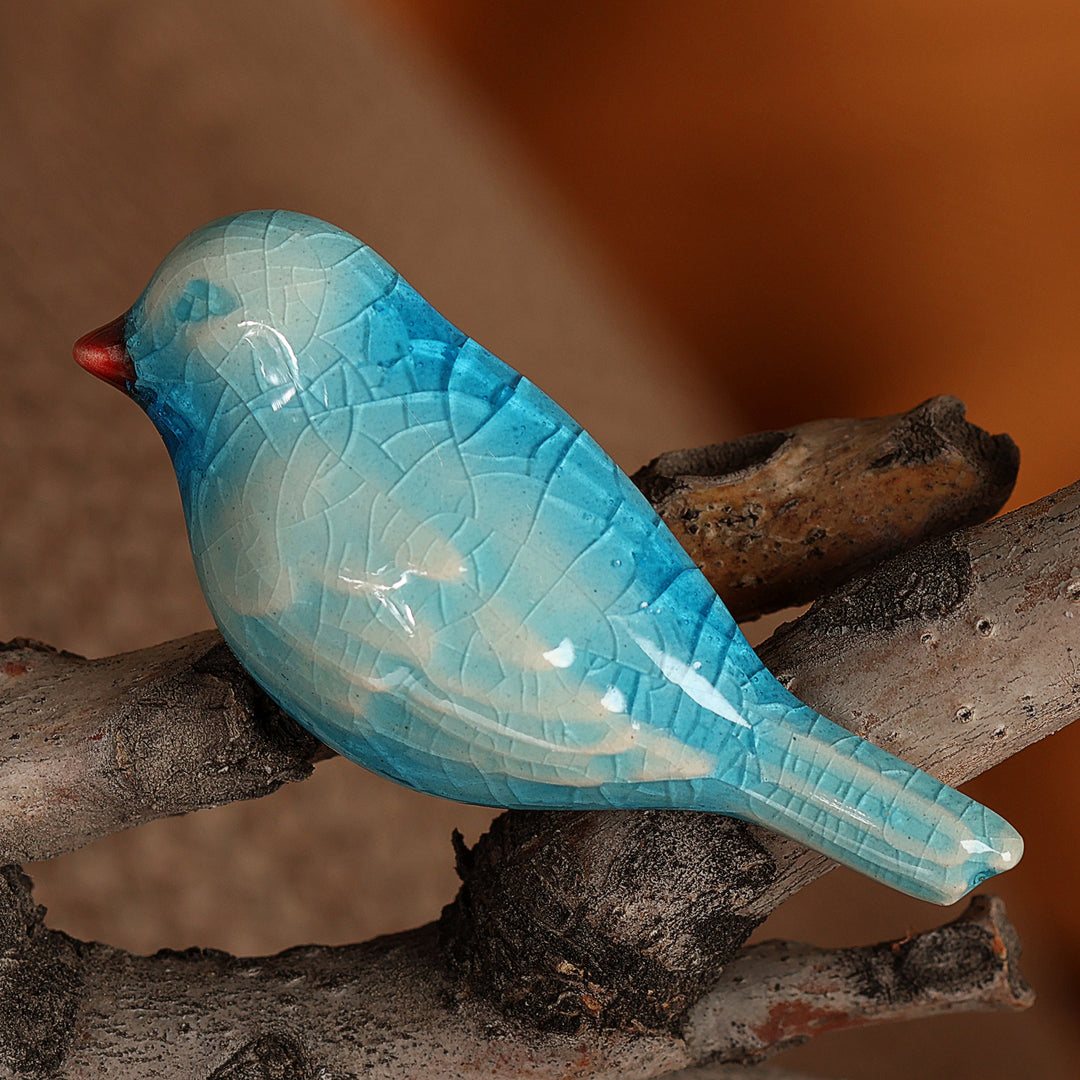 Crackled Handmade Bird-Shaped Aqua Blue Ceramic Brooch Pin - Aqua Feathers