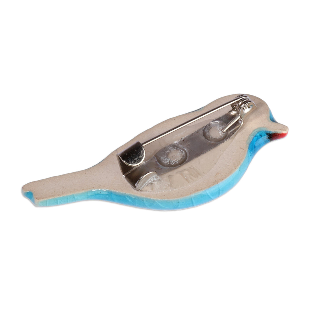 Crackled Handmade Bird-Shaped Aqua Blue Ceramic Brooch Pin - Aqua Feathers