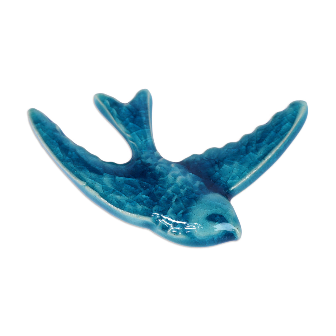 Handcrafted Crackled Bird-Themed Blue Ceramic Brooch Pin - Memory of Freedom