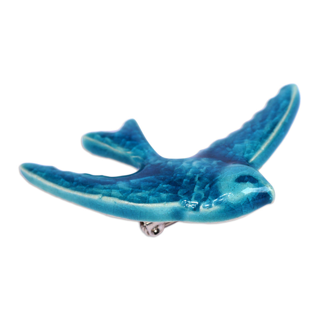 Handcrafted Crackled Bird-Themed Blue Ceramic Brooch Pin - Memory of Freedom