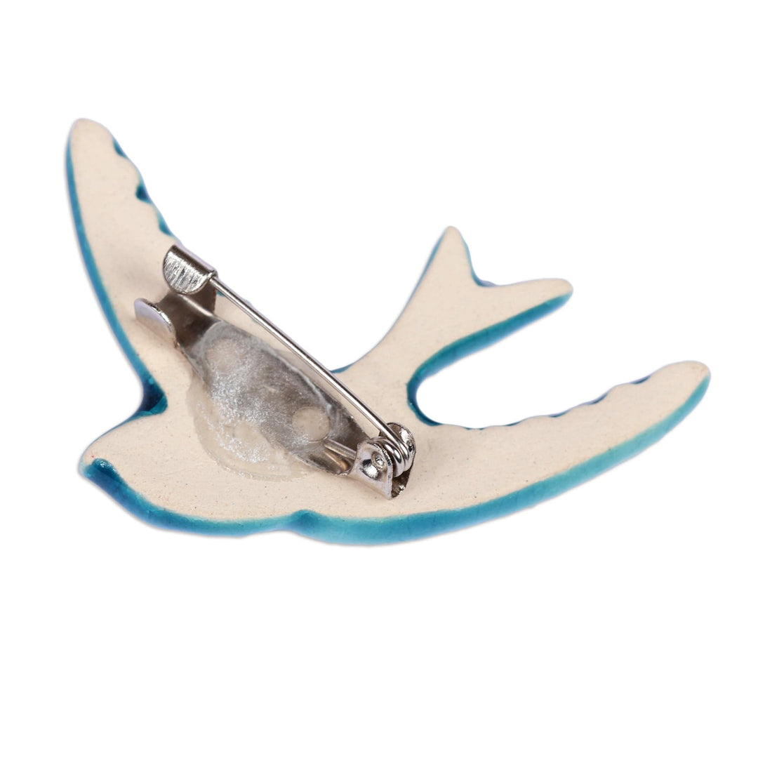 Handcrafted Crackled Bird-Themed Blue Ceramic Brooch Pin - Memory of Freedom