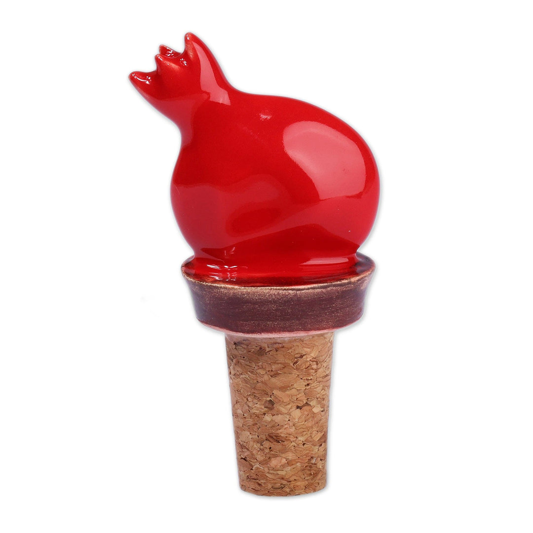 Glazed Red Ceramic Pomegranate Bottle Stopper from Armenia - Elixir of Passion