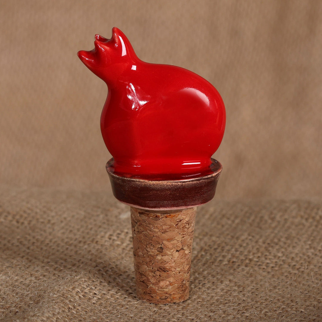 Glazed Red Ceramic Pomegranate Bottle Stopper from Armenia - Elixir of Passion