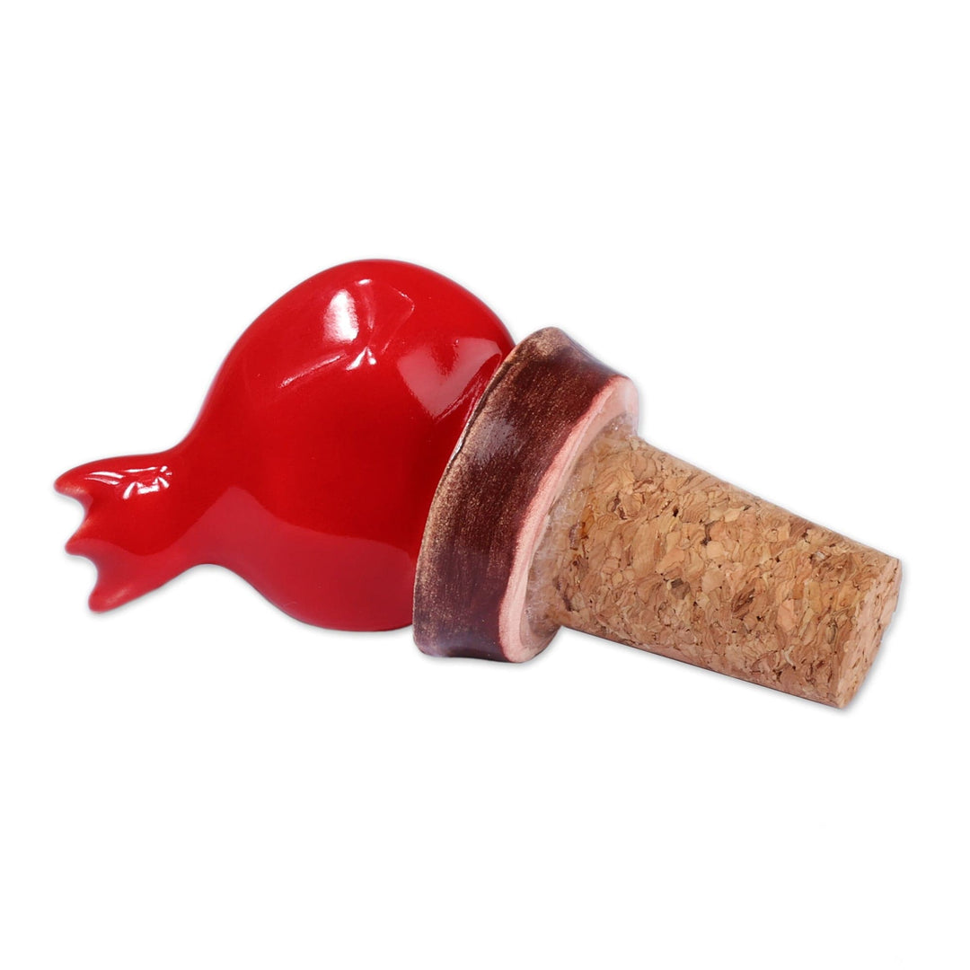 Glazed Red Ceramic Pomegranate Bottle Stopper from Armenia - Elixir of Passion