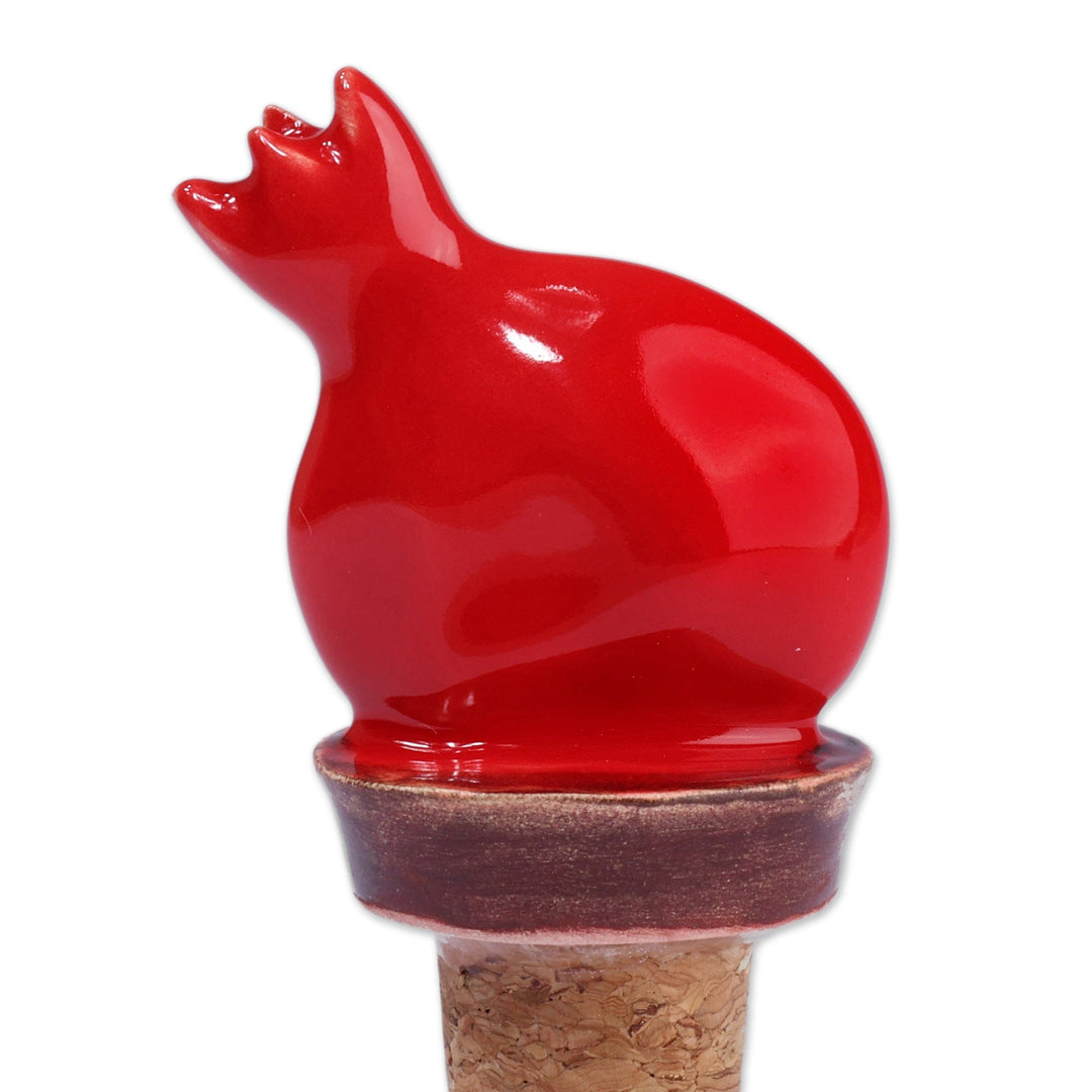 Glazed Red Ceramic Pomegranate Bottle Stopper from Armenia - Elixir of Passion