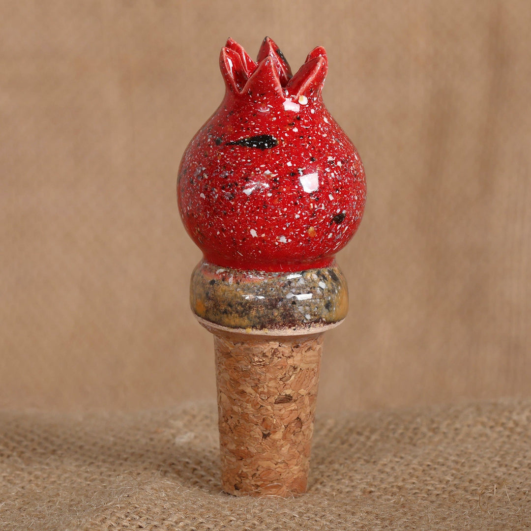 Fair Trade Glazed Pomegranate-Shaped Ceramic Bottle Stopper - Pomegranate Essential
