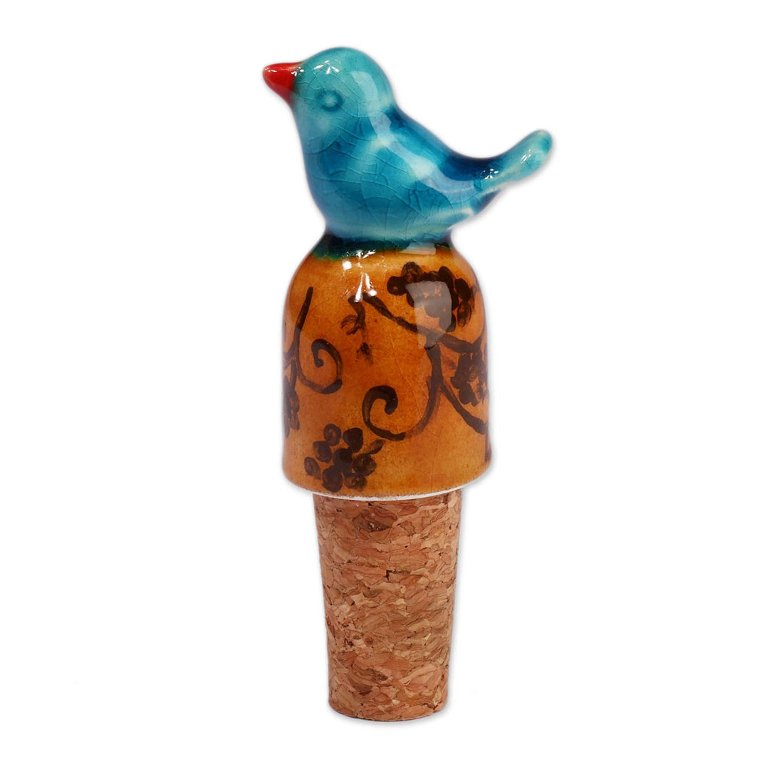 Bird-Themed Blue Ceramic Bottle Stopper in a Crackled Finish - Blue Bird Spirit