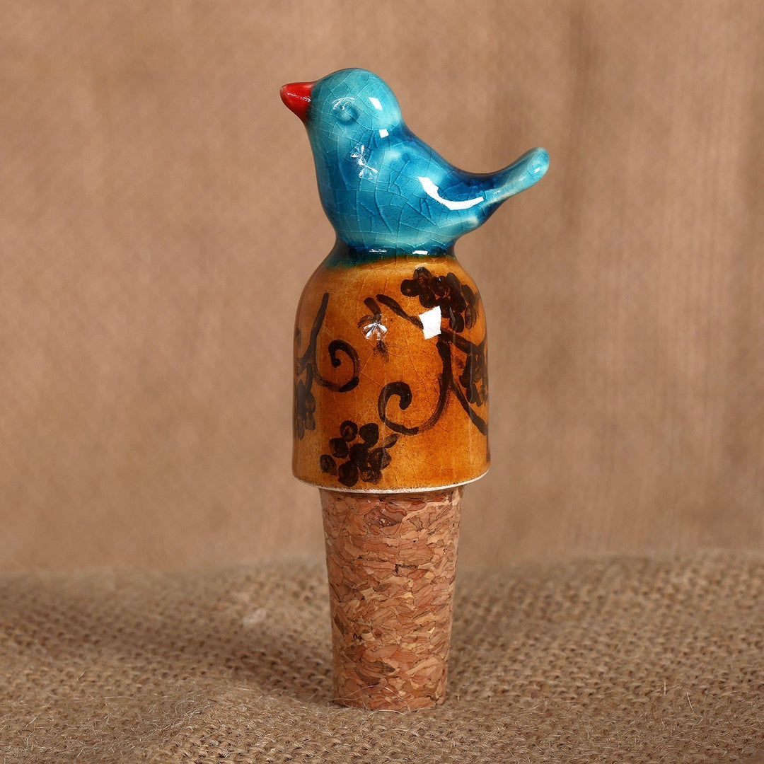 Bird-Themed Blue Ceramic Bottle Stopper in a Crackled Finish - Blue Bird Spirit