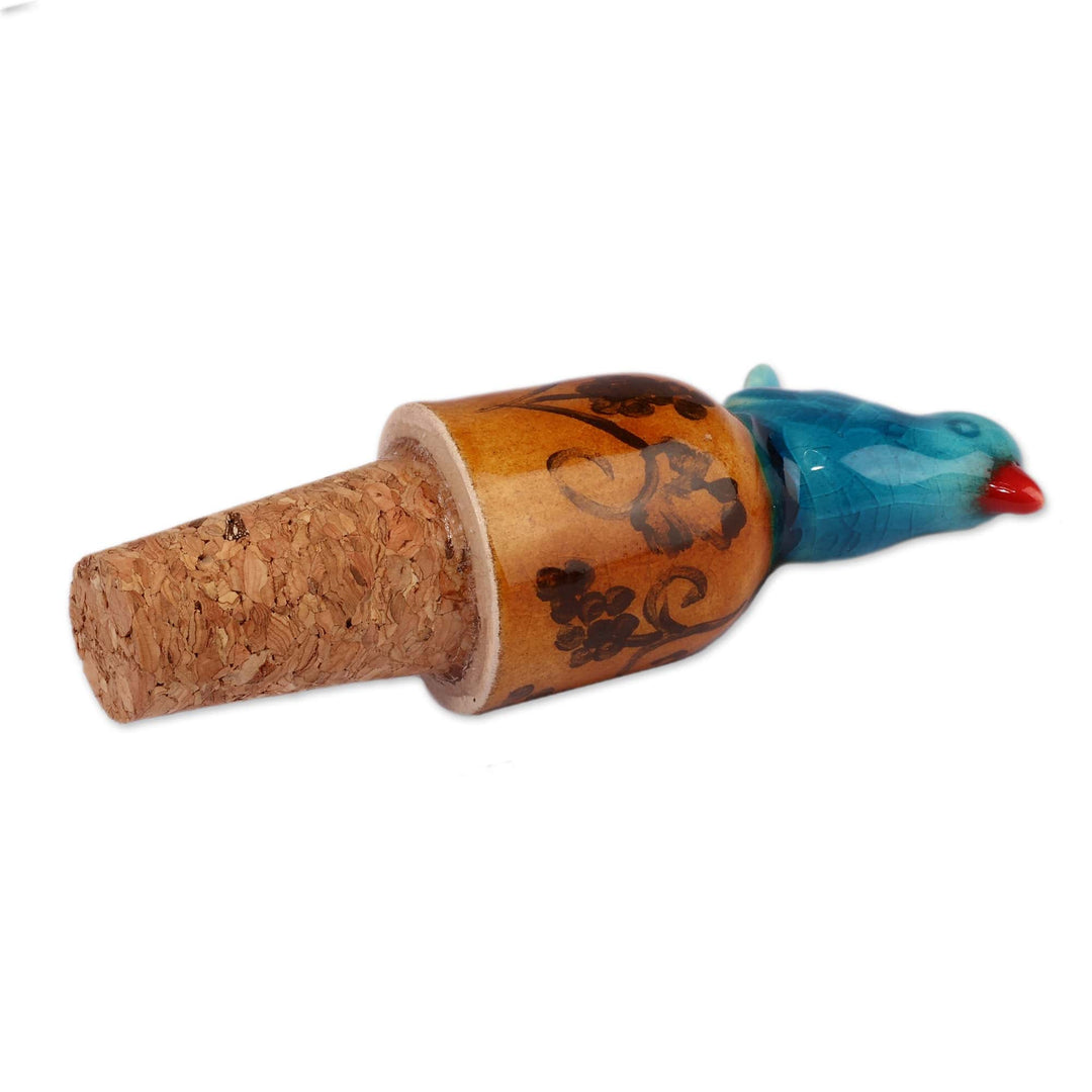 Bird-Themed Blue Ceramic Bottle Stopper in a Crackled Finish - Blue Bird Spirit