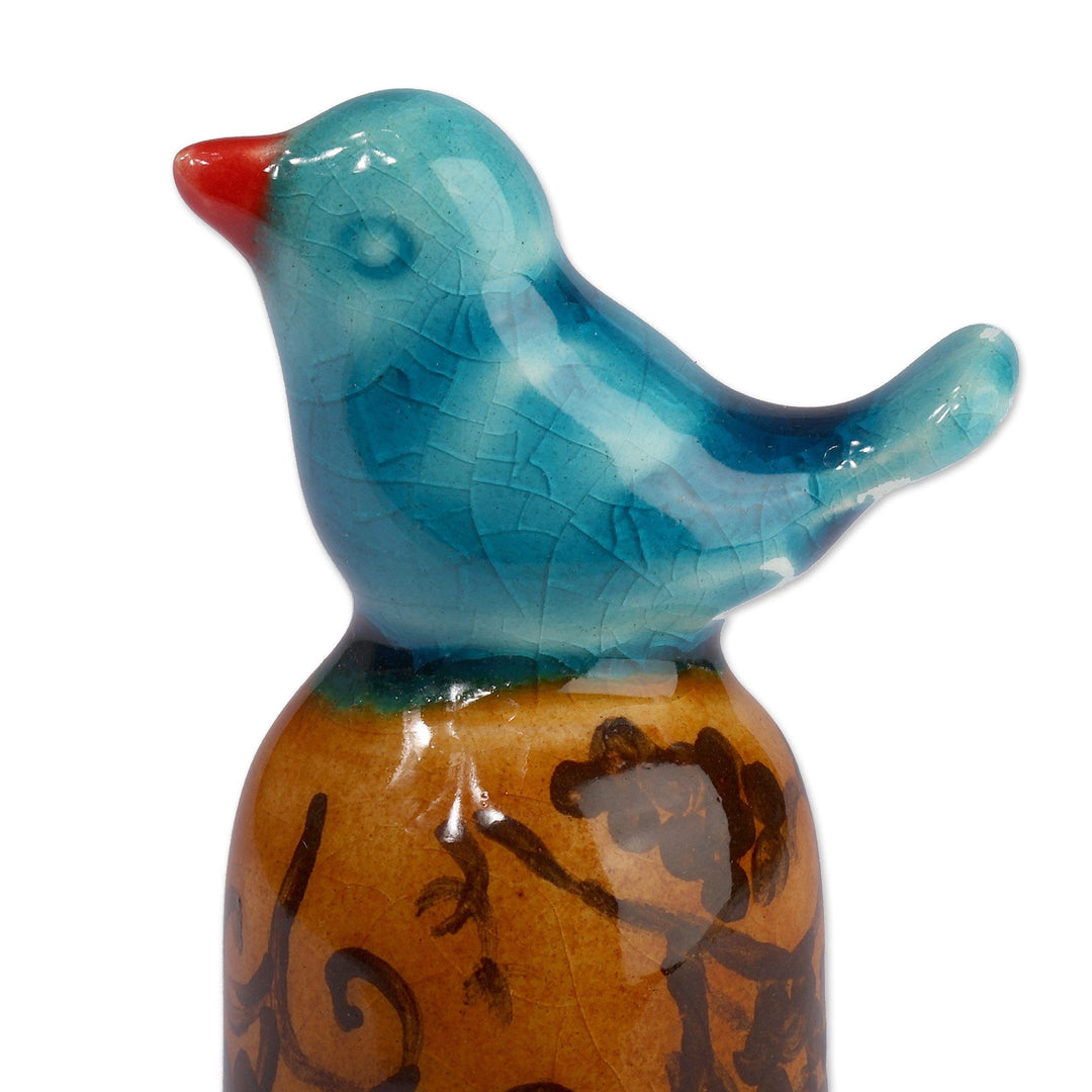 Bird-Themed Blue Ceramic Bottle Stopper in a Crackled Finish - Blue Bird Spirit