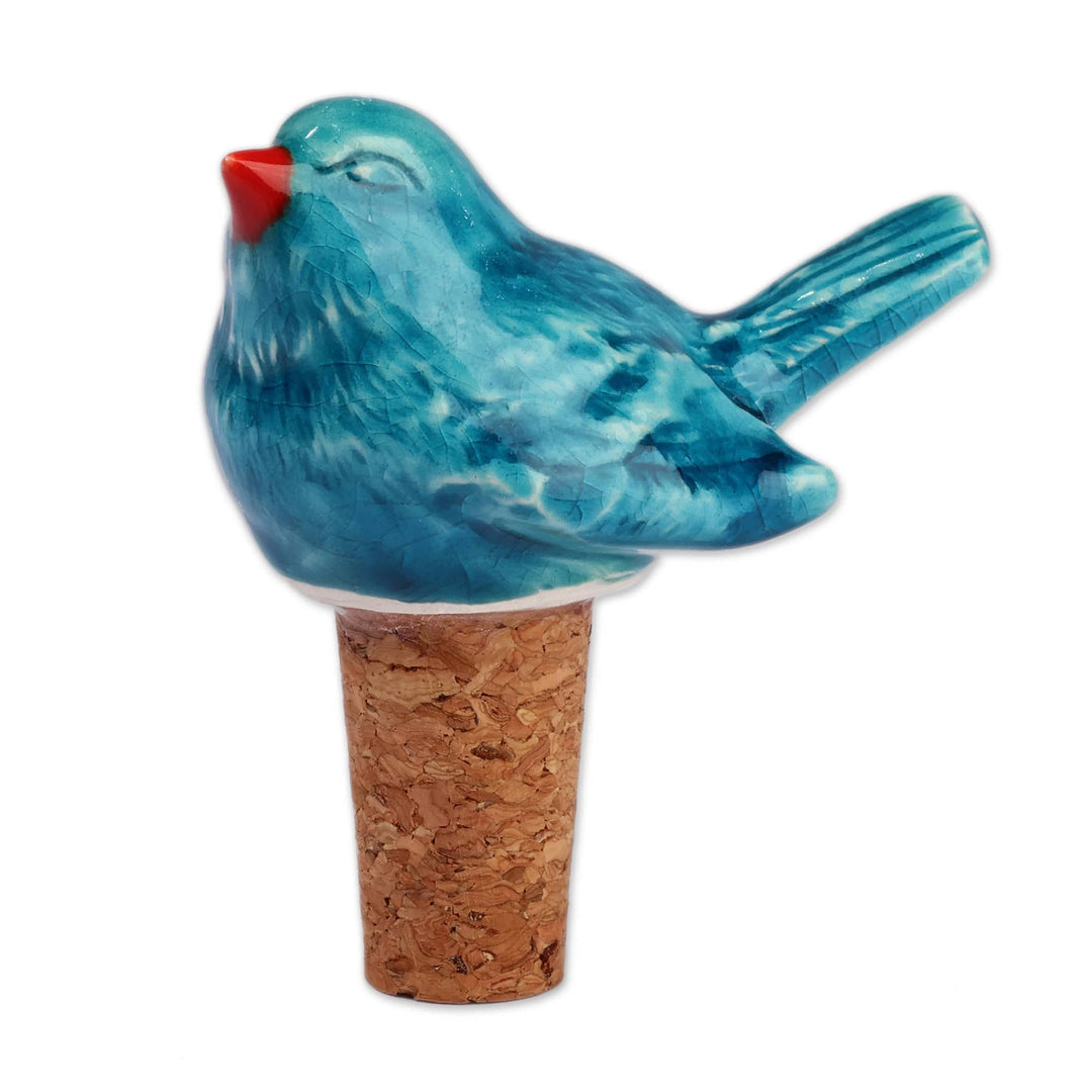 Armenian-Made Bird-Themed Ceramic and Cork Bottle Stopper - Teal Grandeur