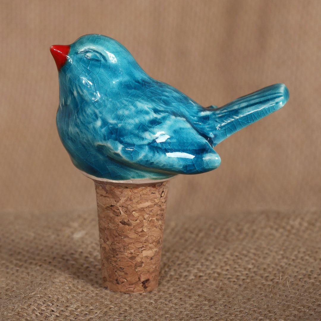 Armenian-Made Bird-Themed Ceramic and Cork Bottle Stopper - Teal Grandeur