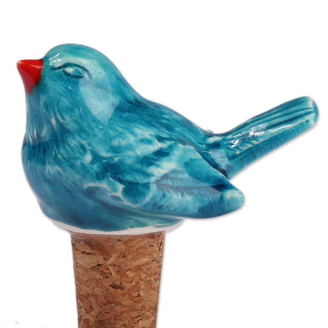 Armenian-Made Bird-Themed Ceramic and Cork Bottle Stopper - Teal Grandeur