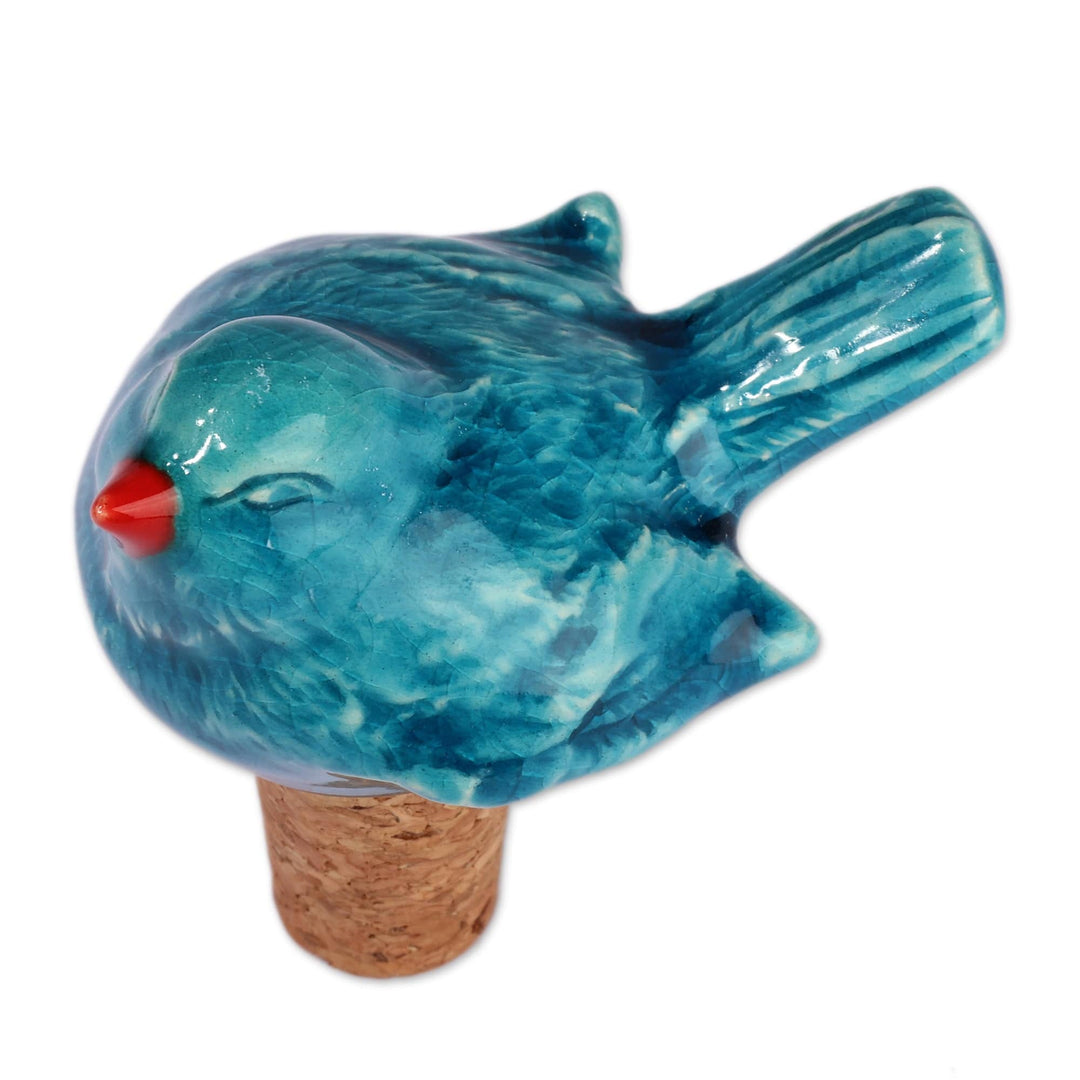 Armenian-Made Bird-Themed Ceramic and Cork Bottle Stopper - Teal Grandeur