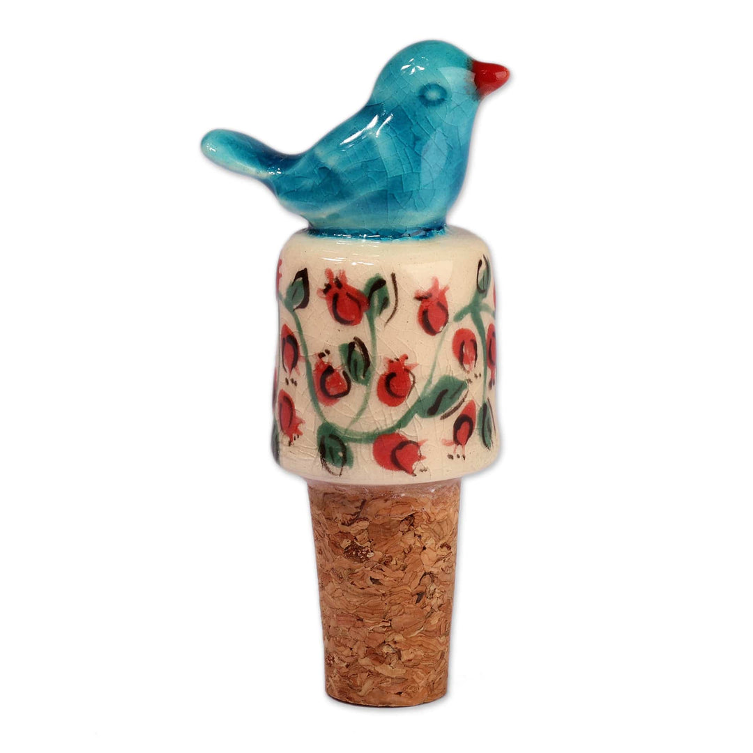 Spring-Themed Ceramic Bottle Stopper with Blue Bird Detail - Spring Elixir