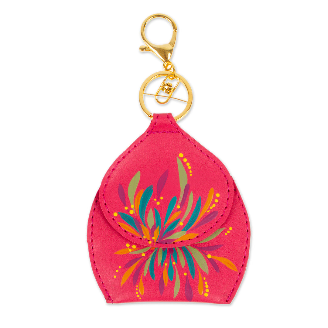 Floral Hand-Painted Fuchsia Faux Leather Coin Purse Keychain - Fuchsia Coins