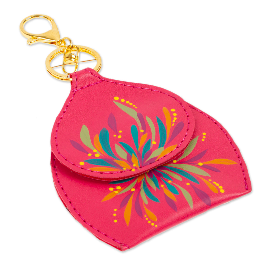 Floral Hand-Painted Fuchsia Faux Leather Coin Purse Keychain - Fuchsia Coins