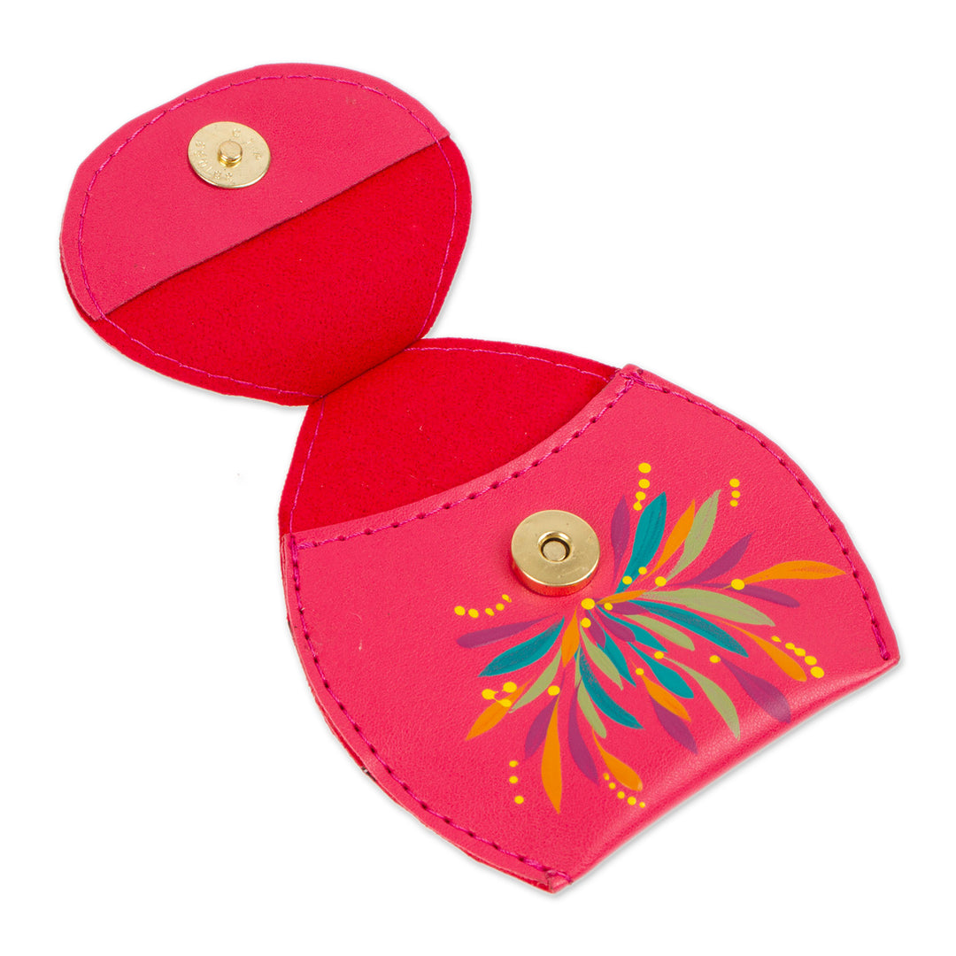 Floral Hand-Painted Fuchsia Faux Leather Coin Purse Keychain - Fuchsia Coins