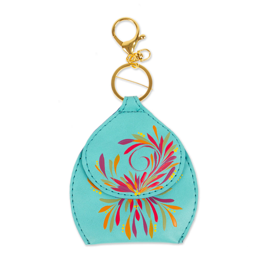 Hand-Painted Aquamarine Faux Leather Coin Purse Keychain - Aquamarine Coins