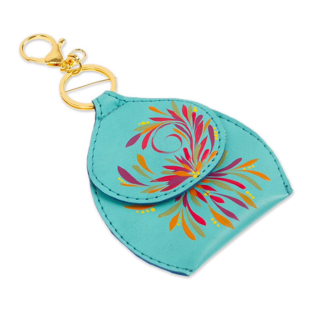 Hand-Painted Aquamarine Faux Leather Coin Purse Keychain - Aquamarine Coins