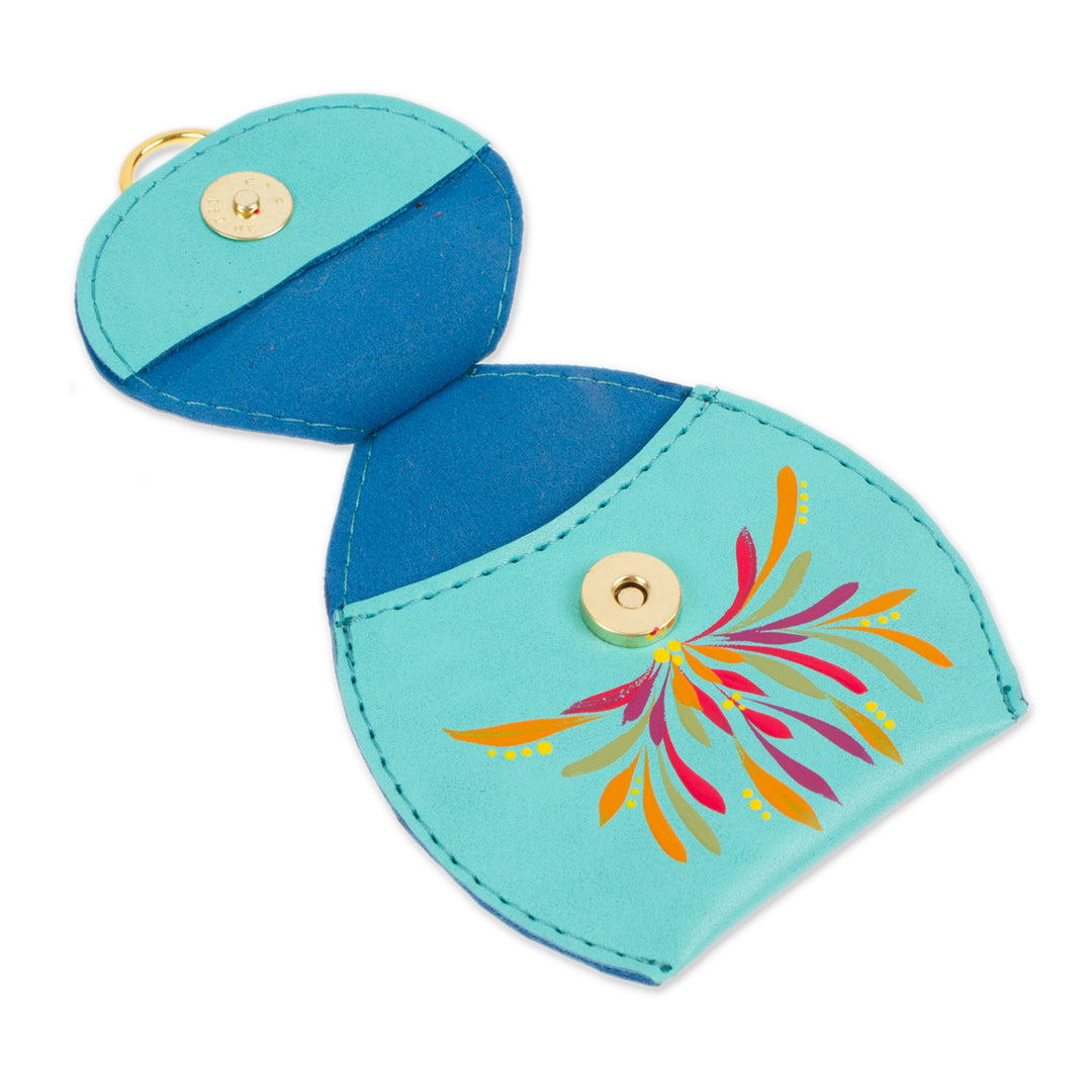 Hand-Painted Aquamarine Faux Leather Coin Purse Keychain - Aquamarine Coins