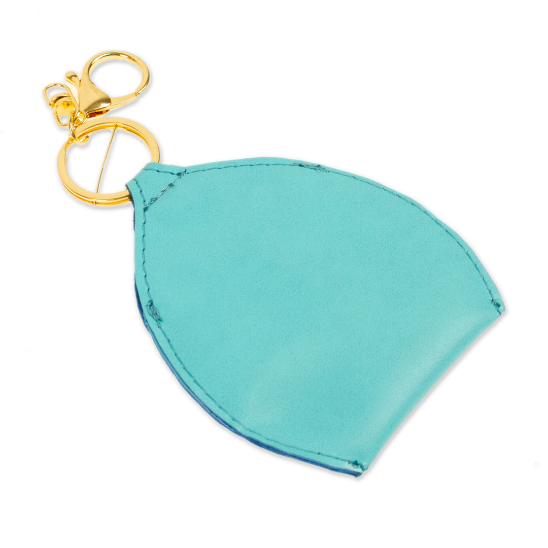 Hand-Painted Aquamarine Faux Leather Coin Purse Keychain - Aquamarine Coins