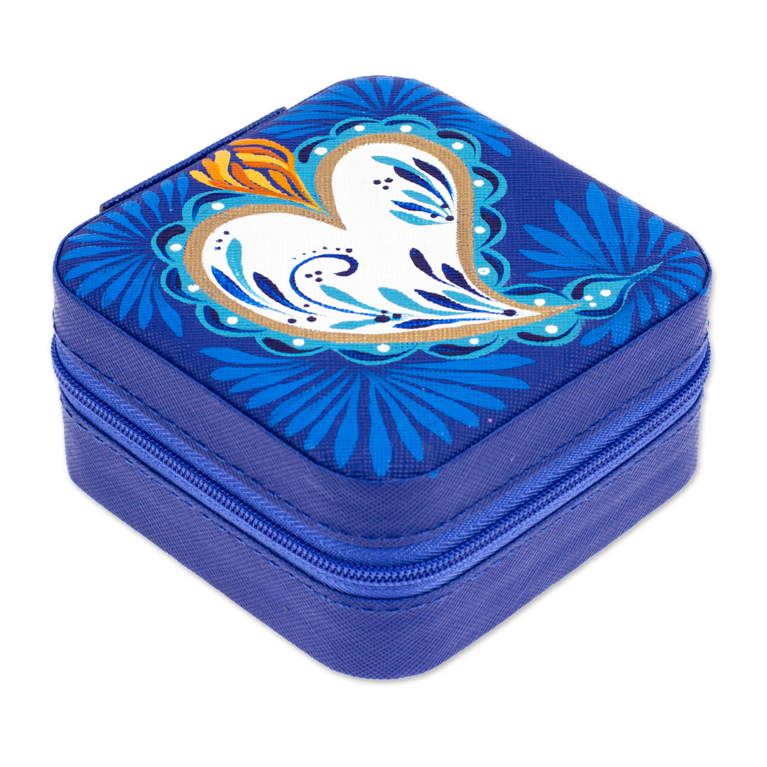 Heart-Themed Hand-Painted Indigo Faux Leather Jewelry Box - Indigo Adoration