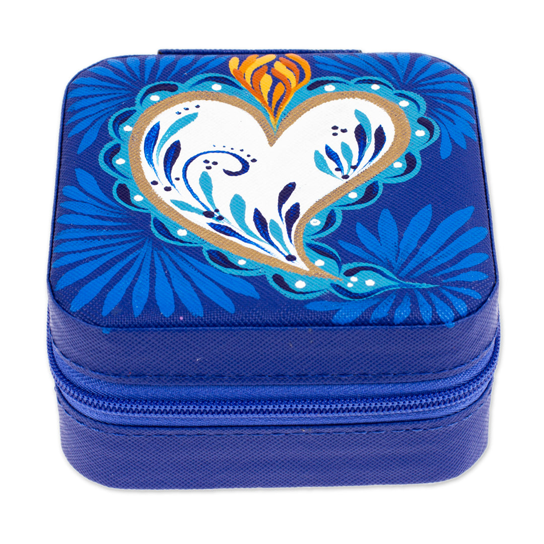 Heart-Themed Hand-Painted Indigo Faux Leather Jewelry Box - Indigo Adoration