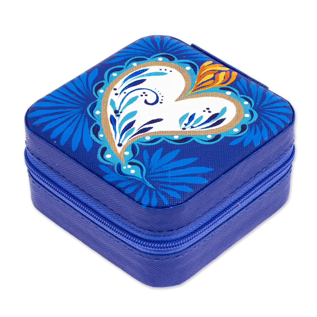 Heart-Themed Hand-Painted Indigo Faux Leather Jewelry Box - Indigo Adoration
