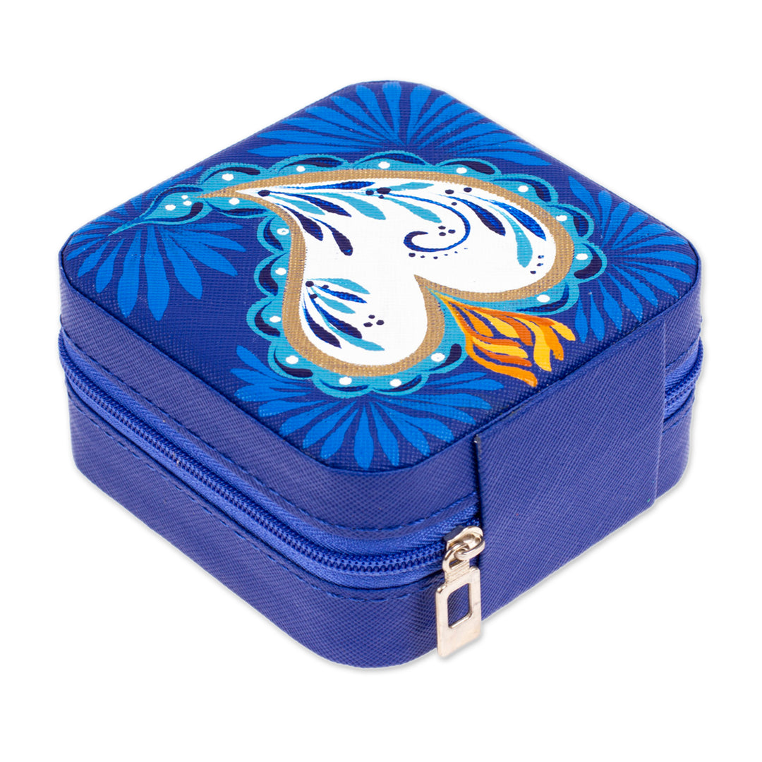 Heart-Themed Hand-Painted Indigo Faux Leather Jewelry Box - Indigo Adoration